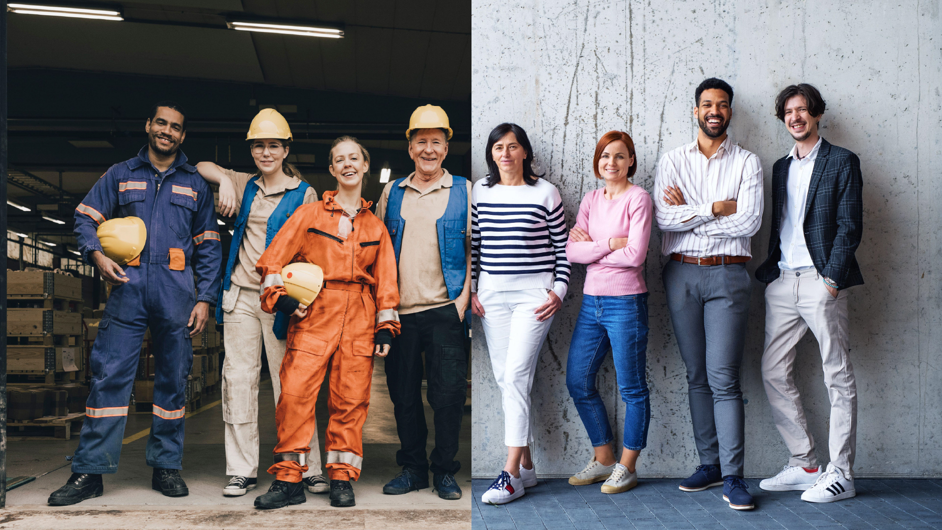 Two groups of four people each have been spliced together; those on the left wear overalls and yellow hardhats, while those on the right are dressed in more office-ready attire.